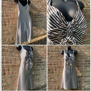 Y2K satinlook Euro Glam Striped Midi Dress Sz 5 Black Ivory Bias Cut Rhinestone